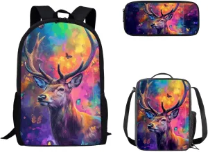 Dolyues Deer Bookbags Set of 3 Piece School Backpack for Kids Cute Bookbag with Crossbody Tote Lunch Bag Pencil Pouch Lightweight Book Bags for School