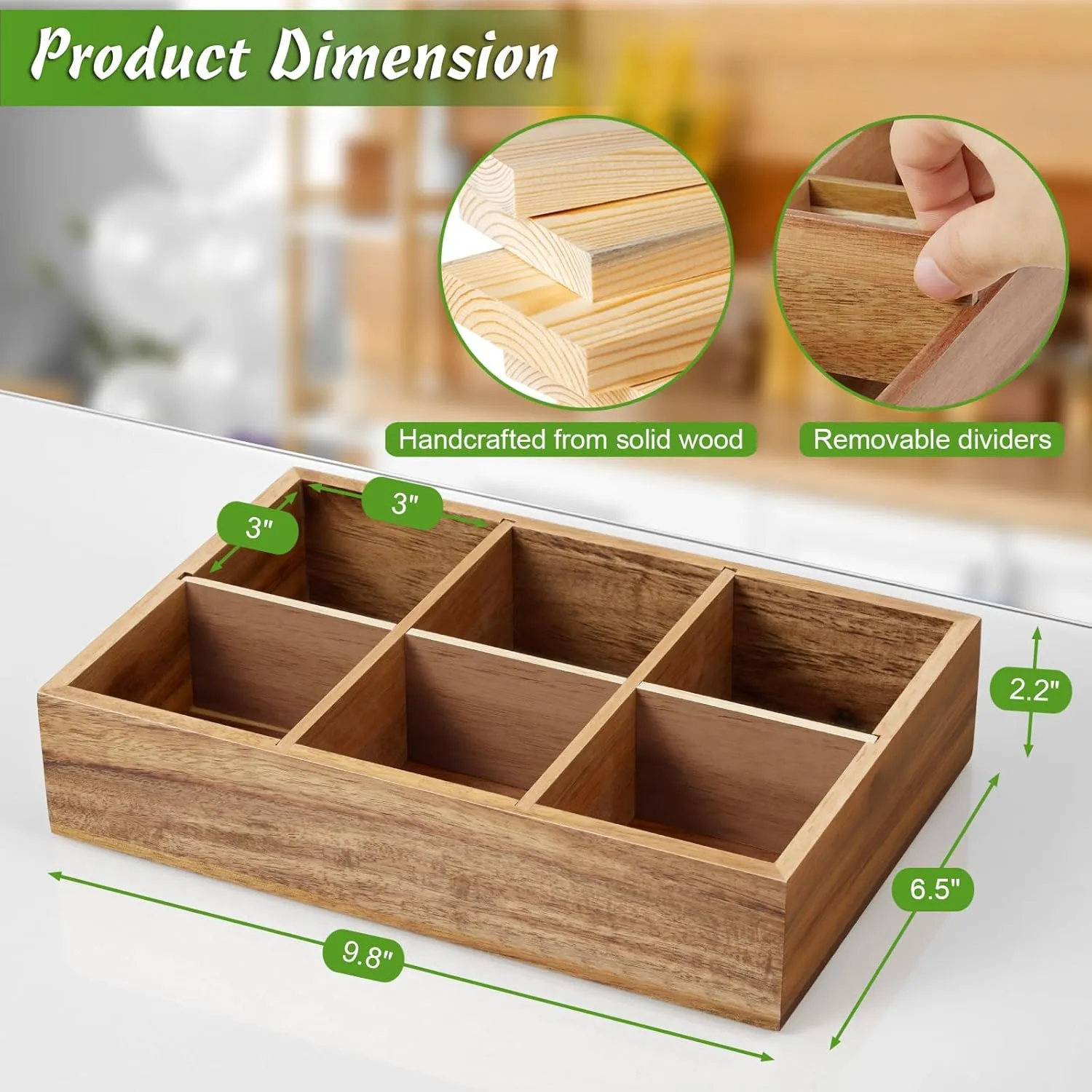 DRASTAR Tea Bag Organizer, Acacia Wooden Tea Bag Holder, Tea Storage Containers with 6 Slots, Sugar Packet Holder, Tea Bag Caddy Box for Countertop