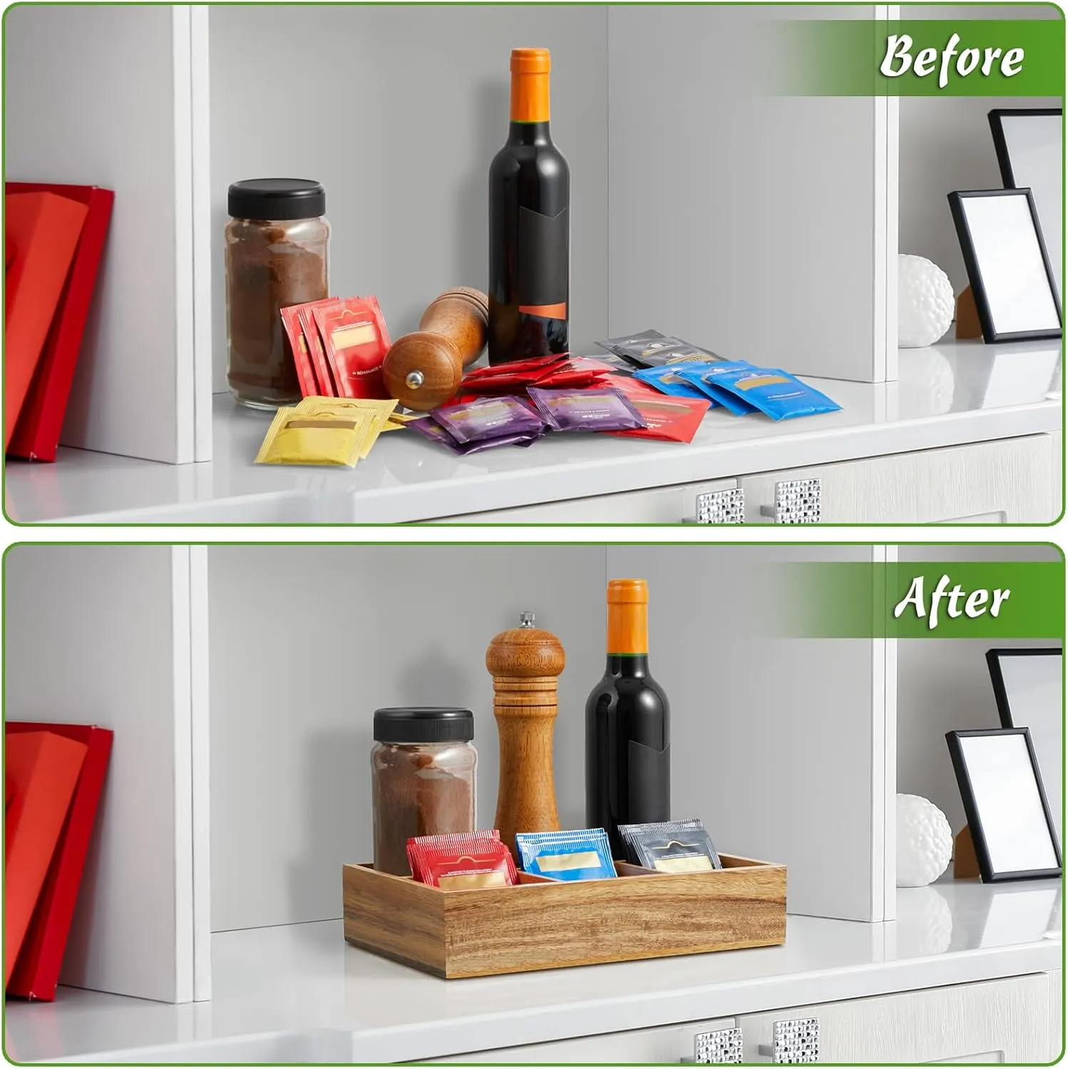 DRASTAR Tea Bag Organizer, Acacia Wooden Tea Bag Holder, Tea Storage Containers with 6 Slots, Sugar Packet Holder, Tea Bag Caddy Box for Countertop