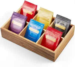 DRASTAR Tea Bag Organizer, Acacia Wooden Tea Bag Holder, Tea Storage Containers with 6 Slots, Sugar Packet Holder, Tea Bag Caddy Box for Countertop