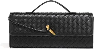 Dreubea Women's Handmade Woven Evening Bag Casual Leather Shoulder Handbag Fashion Crossbody Clutch Purse Black