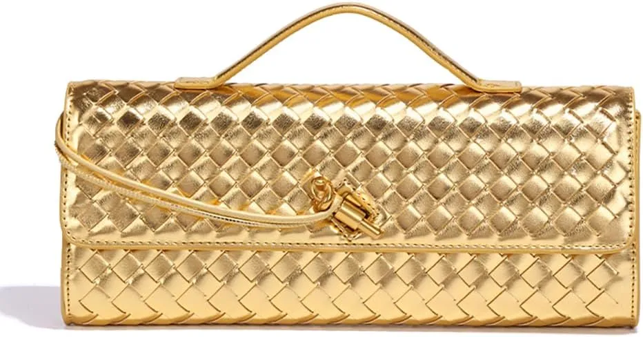 Dreubea Women's Handmade Woven Evening Bag Casual Leather Shoulder Handbag Fashion Crossbody Clutch Purse Golden