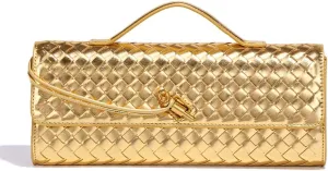 Dreubea Women's Handmade Woven Evening Bag Casual Leather Shoulder Handbag Fashion Crossbody Clutch Purse Golden