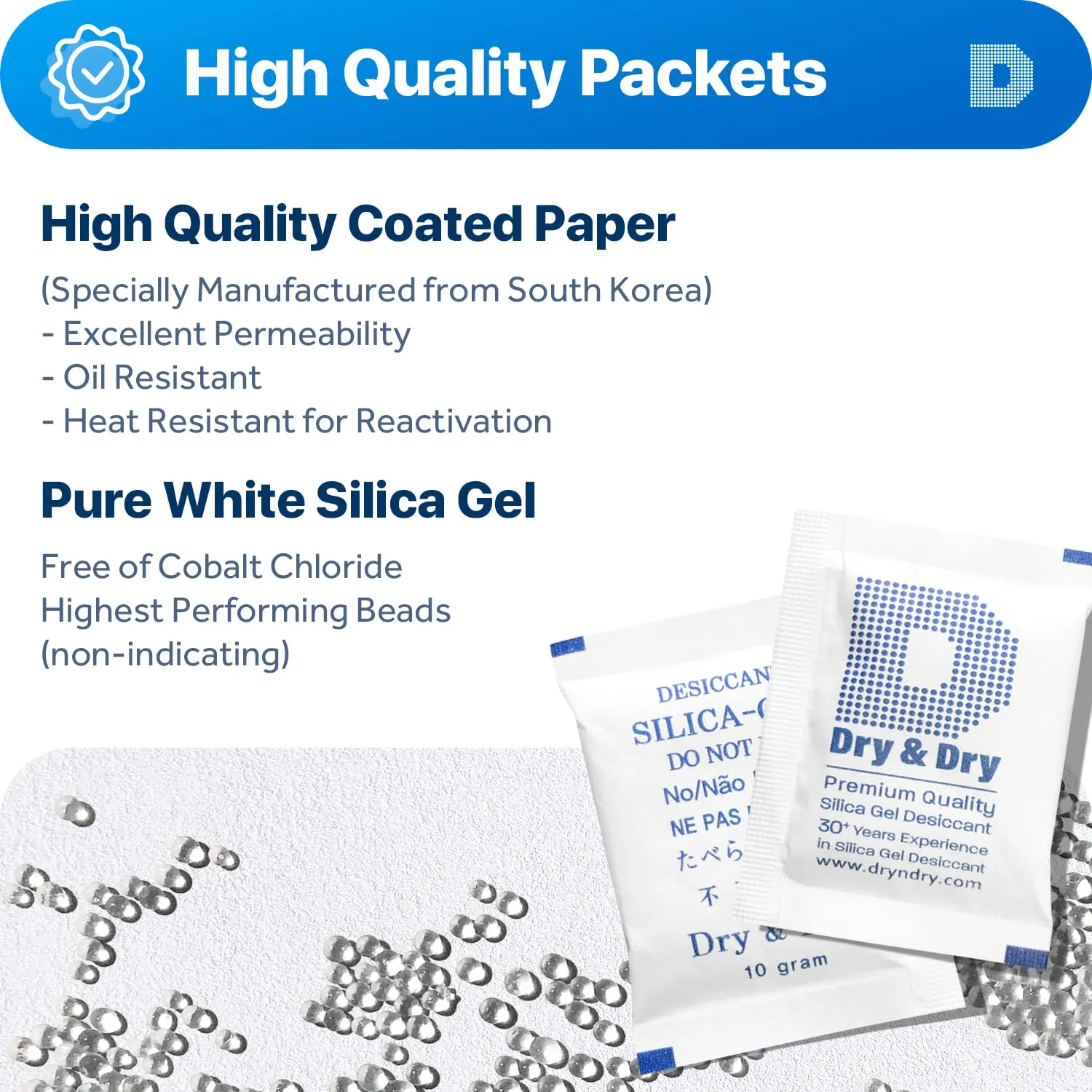 Dry & Dry 10 Gram [110 Packets] Food Grade Silica Gel Packs Desiccant Packs, Silica Packets - Rechargeable Silica Gel Packets, Desiccants, Silica Gel