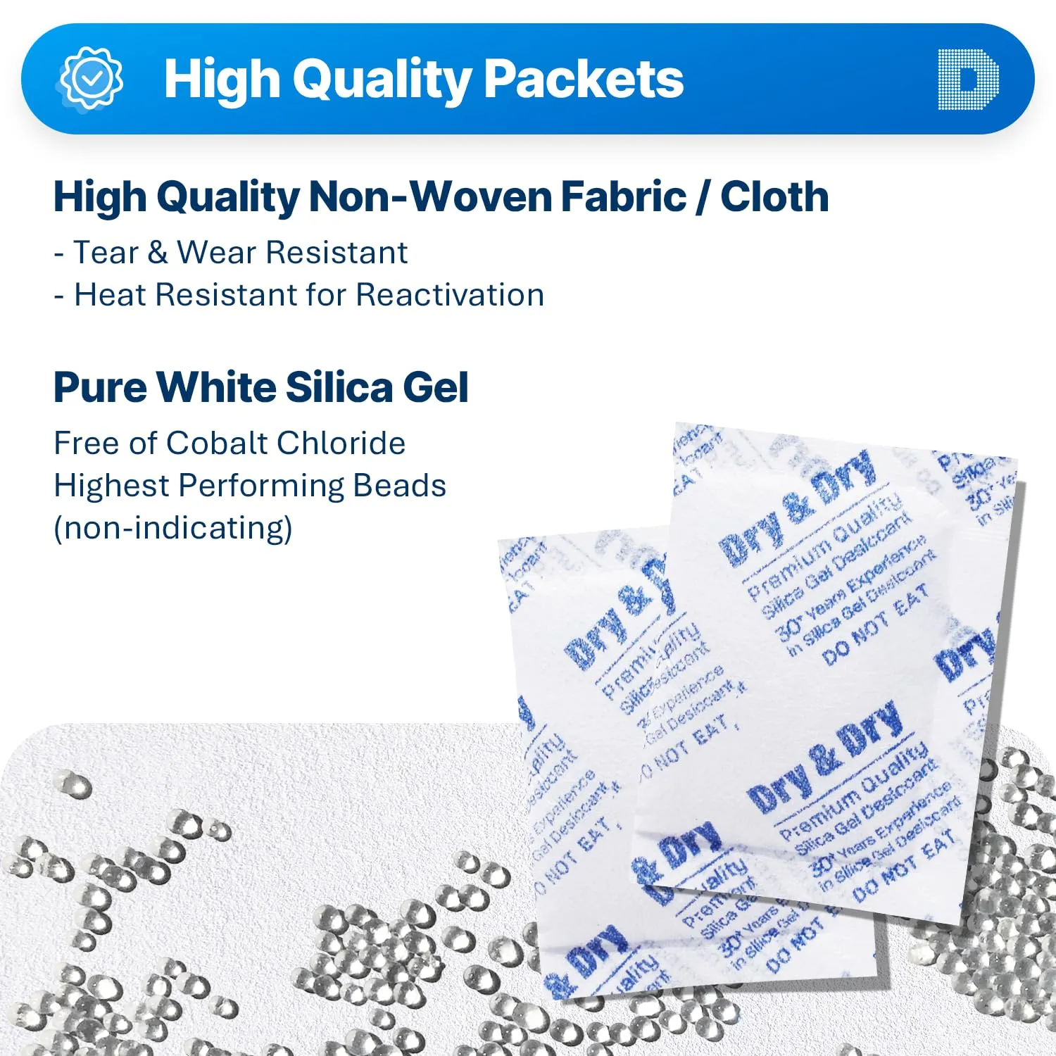 Dry & Dry 10 Gram [40 Packets] Silica Gel Packets, Desiccants - Rechargeable Fabric Silica Gel Packs, Silica Gel, Silica Packets, Desiccant Packs for Storage