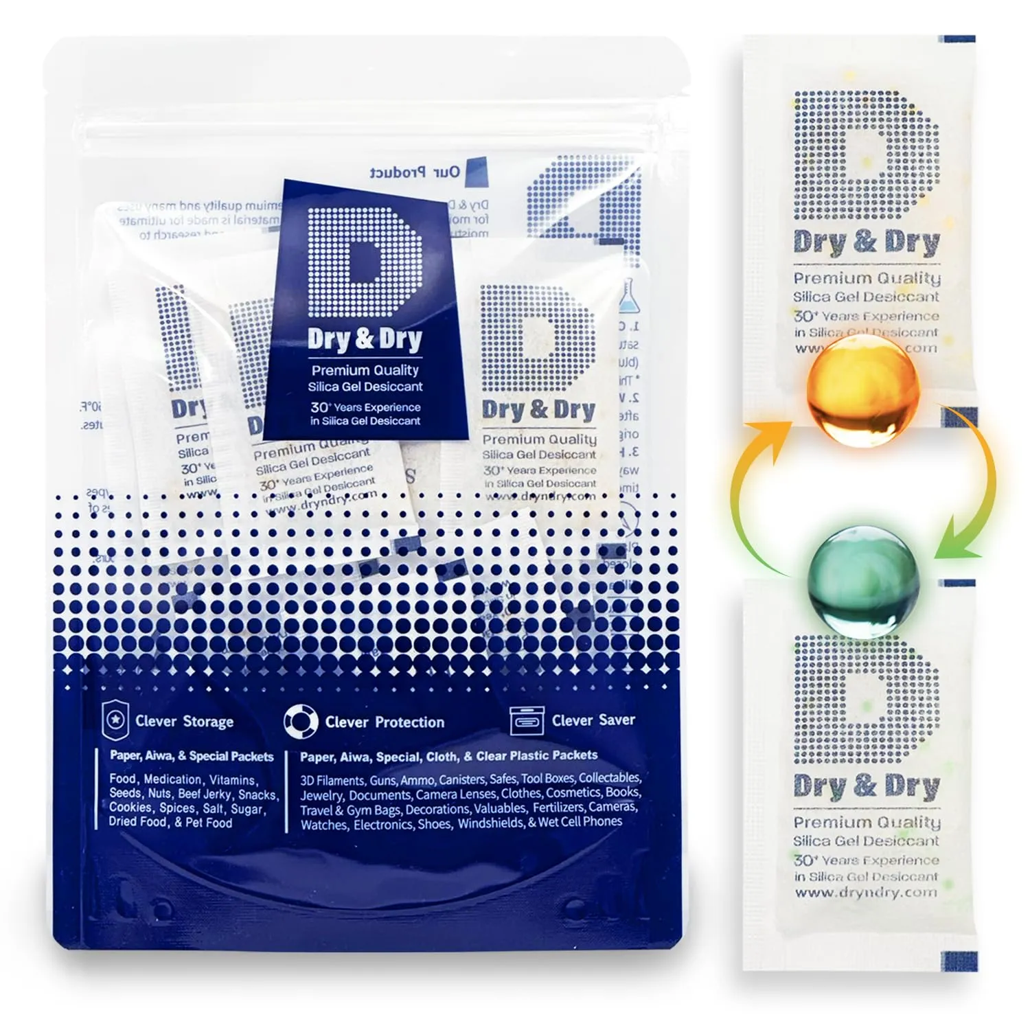Dry & Dry 10 Gram [50 Packets] Orange Indicating Silica Gel Packets Desiccants - Food Safe Silica Packs, Silica Gel, Silica Packets, Desiccant Packs for Food Storage