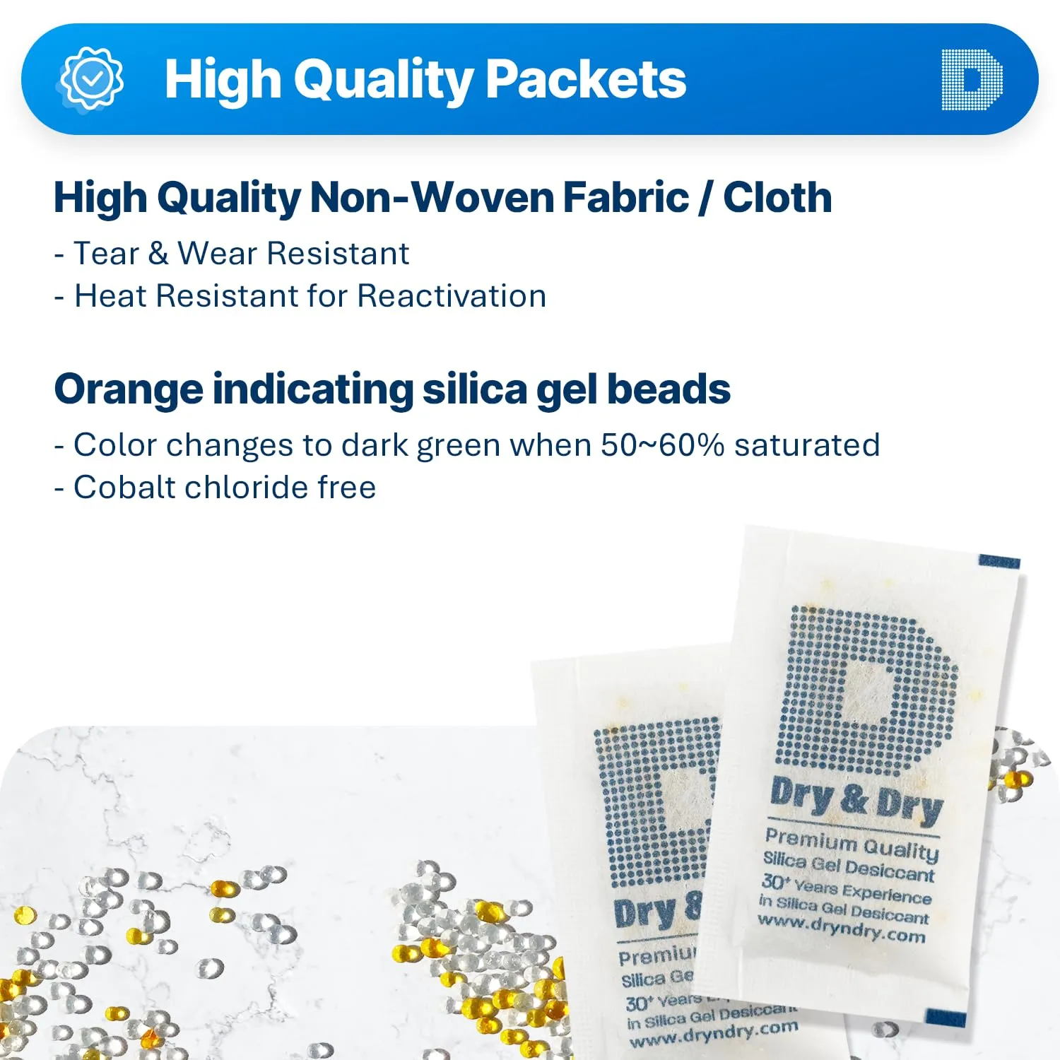 Dry & Dry 10 Gram [50 Packets] Orange Indicating Silica Gel Packets Desiccants - Food Safe Silica Packs, Silica Gel, Silica Packets, Desiccant Packs for Food Storage