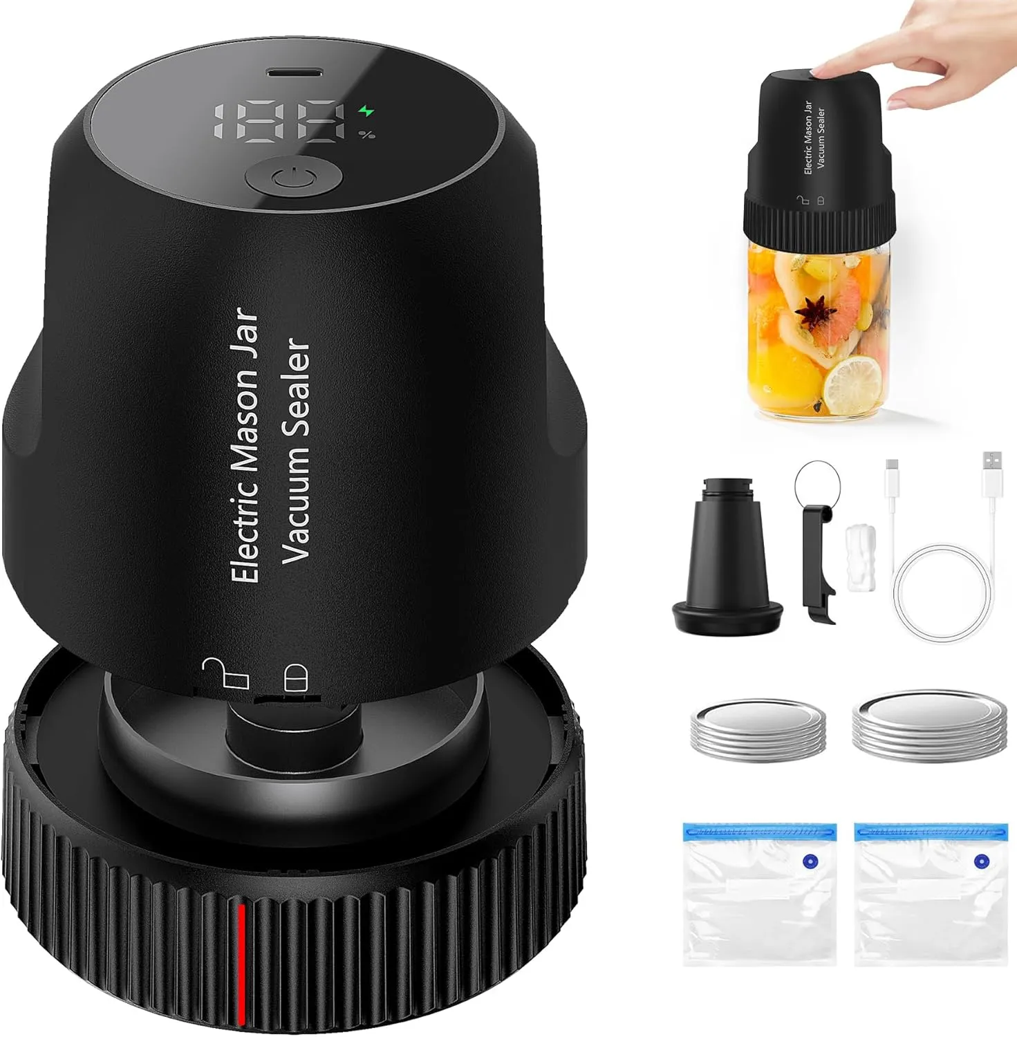 Electric Mason Jar Vacuum Sealer Kit, Cordless Handheld Vacuum Sealer for Wide Mouth & Regular Mouth Mason Jars, with Led Screen, Portable kitchen Food Storage and Canning