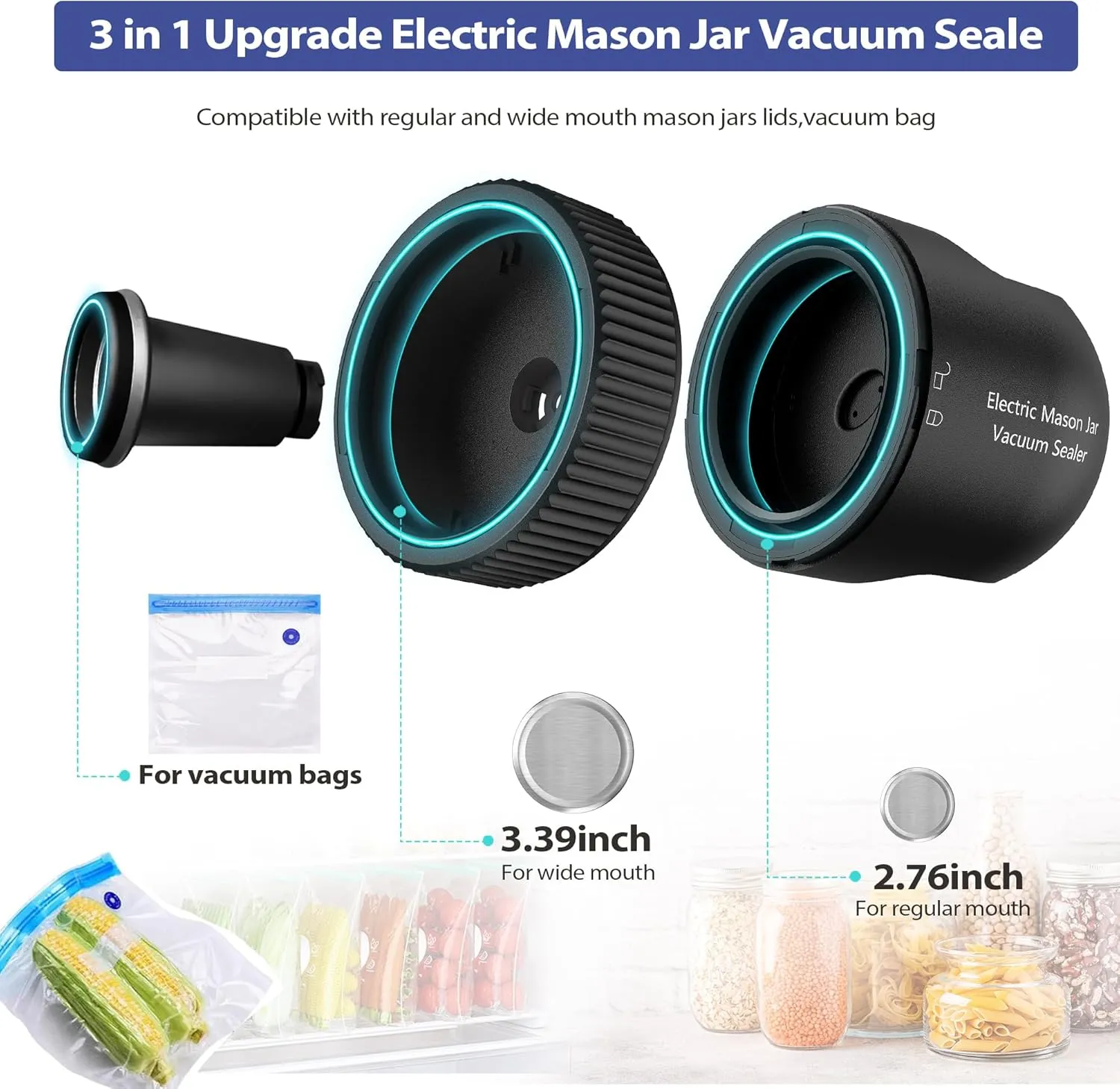 Electric Mason Jar Vacuum Sealer Kit, Cordless Handheld Vacuum Sealer for Wide Mouth & Regular Mouth Mason Jars, with Led Screen, Portable kitchen Food Storage and Canning