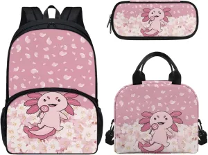 Elementary School Bags Backpack Set Pink Cartoon Axolotl School Bookbags with Insulated Lunch Tote Pencil Pouch 3 Pieces Set Back to School Supplies Satchel