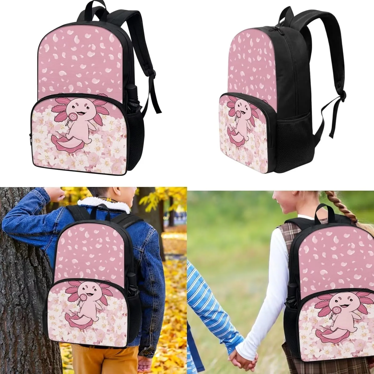 Elementary School Bags Backpack Set Pink Cartoon Axolotl School Bookbags with Insulated Lunch Tote Pencil Pouch 3 Pieces Set Back to School Supplies Satchel