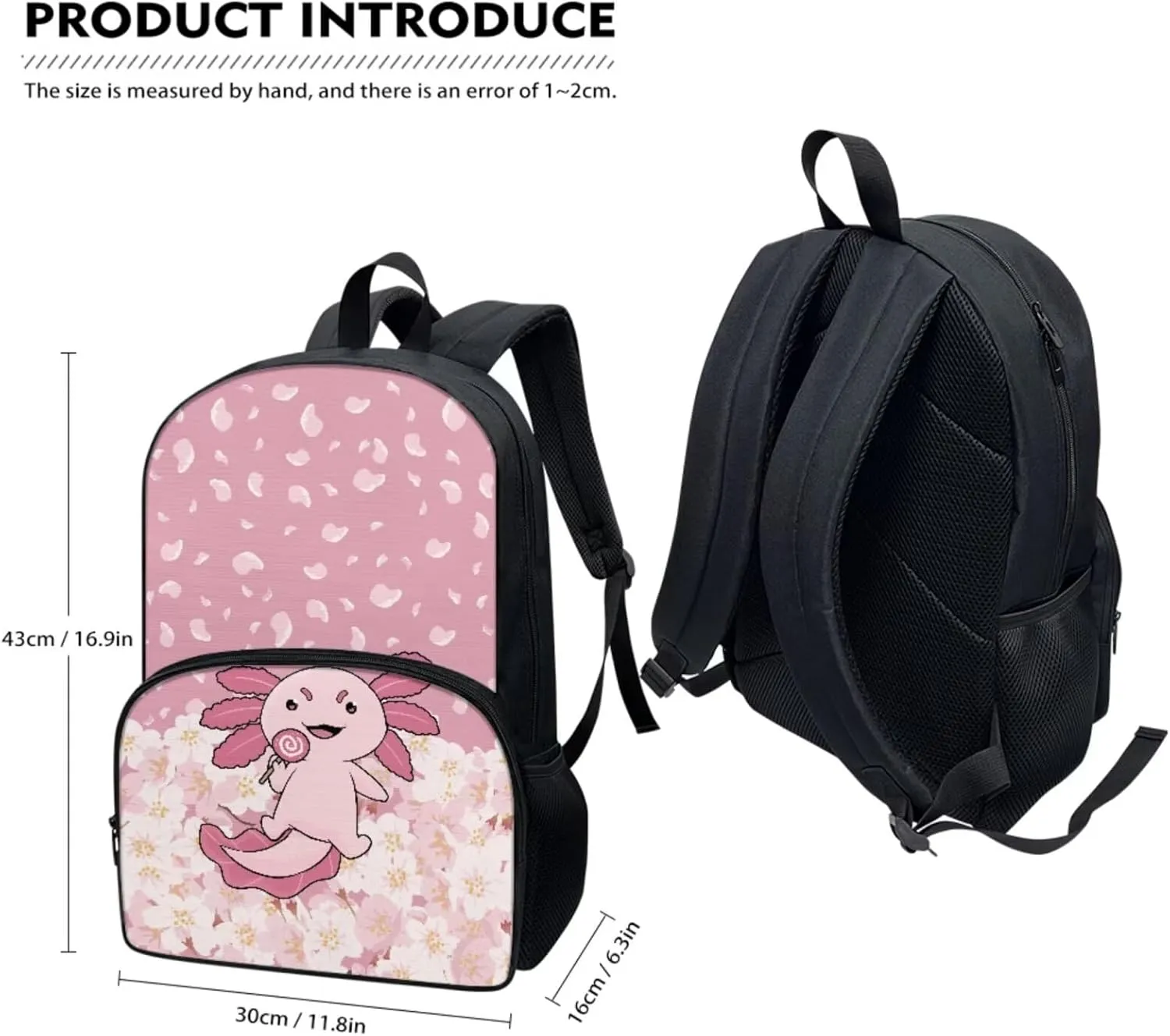 Elementary School Bags Backpack Set Pink Cartoon Axolotl School Bookbags with Insulated Lunch Tote Pencil Pouch 3 Pieces Set Back to School Supplies Satchel