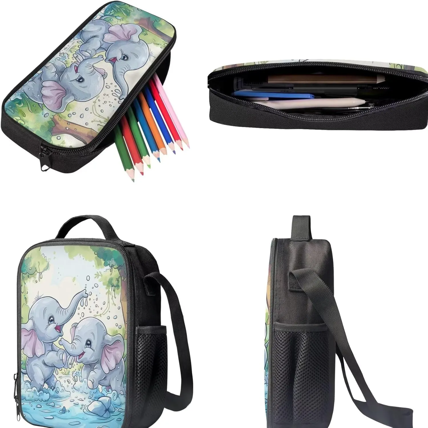 Elephant Backpack with Lunchbox Cute School Book Bags for Girls 4th Grade 7th Grade and Lunch Box Kids School Bag & Lunch Bag & Pencil Case Set of 3 for Elementary Middle Student