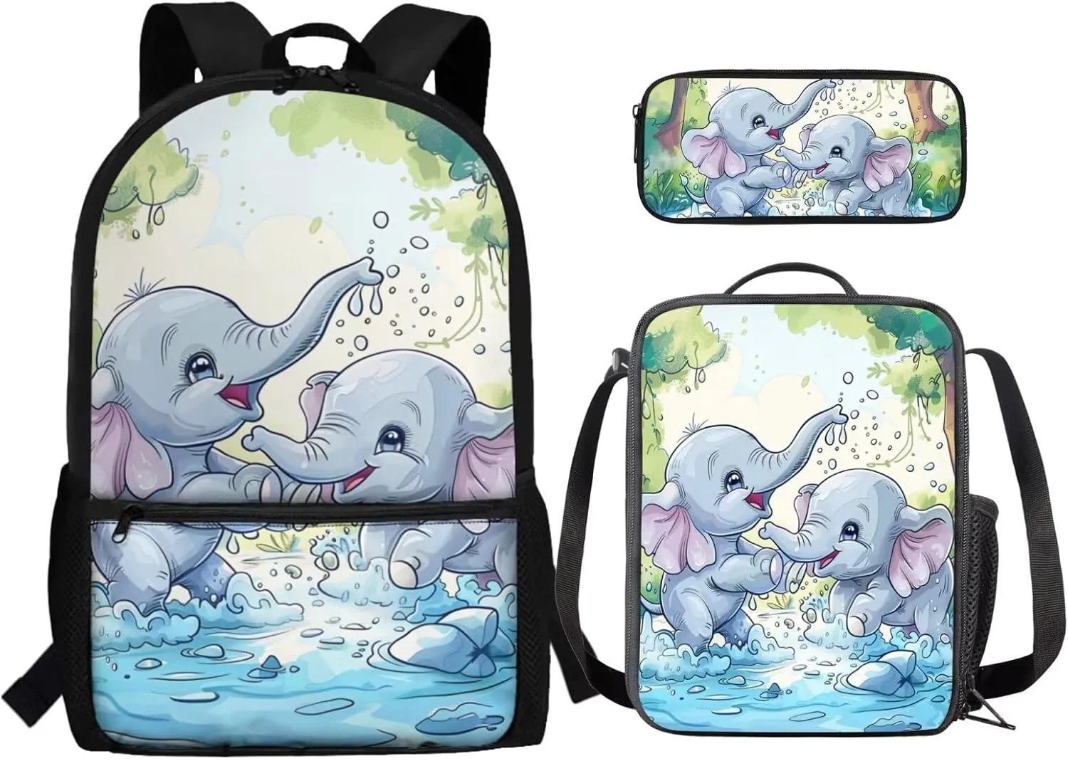 Elephant Backpack with Lunchbox Cute School Book Bags for Girls 4th Grade 7th Grade and Lunch Box Kids School Bag & Lunch Bag & Pencil Case Set of 3 for Elementary Middle Student