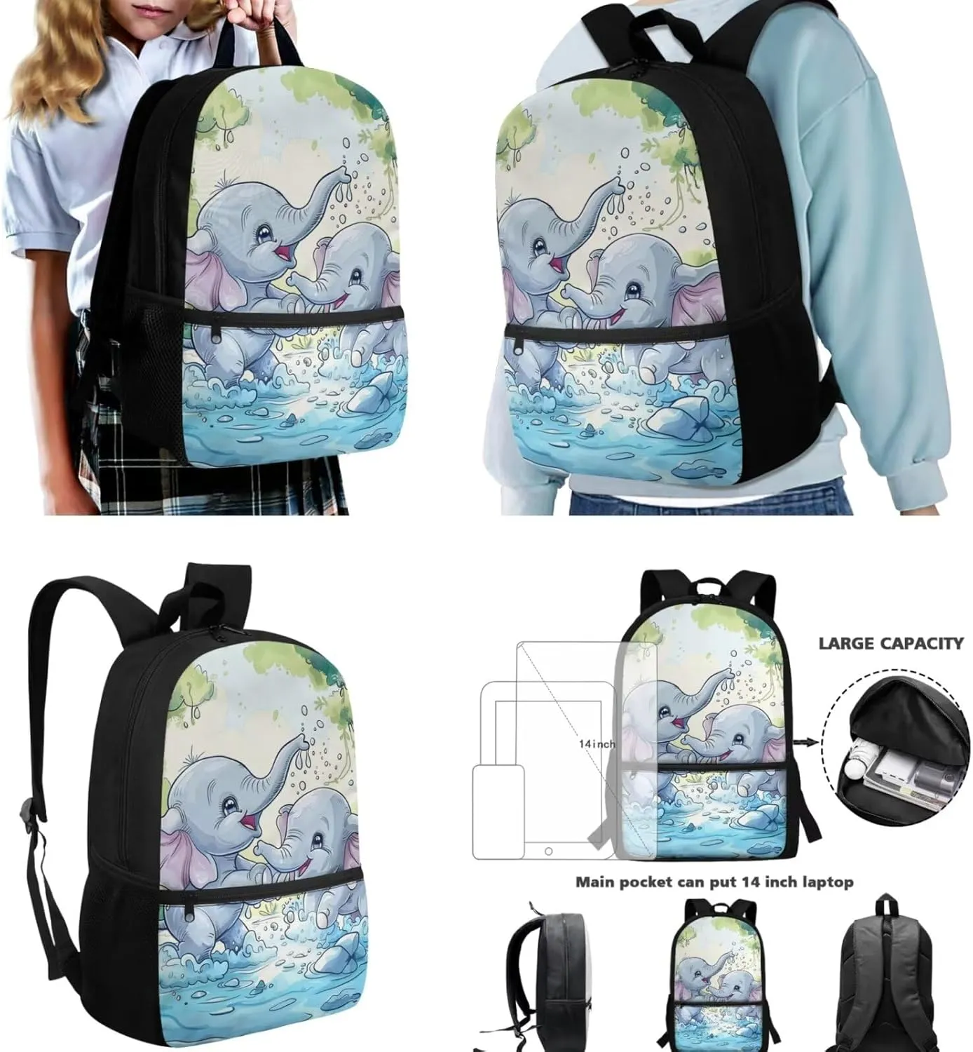 Elephant Backpack with Lunchbox Cute School Book Bags for Girls 4th Grade 7th Grade and Lunch Box Kids School Bag & Lunch Bag & Pencil Case Set of 3 for Elementary Middle Student