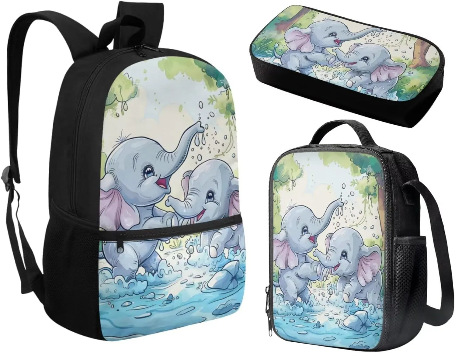 Elephant Backpack with Lunchbox Cute School Book Bags for Girls 4th Grade 7th Grade and Lunch Box Kids School Bag & Lunch Bag & Pencil Case Set of 3 for Elementary Middle Student