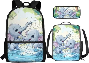 Elephant Backpack with Lunchbox Cute School Book Bags for Girls 4th Grade 7th Grade and Lunch Box Kids School Bag & Lunch Bag & Pencil Case Set of 3 for Elementary Middle Student