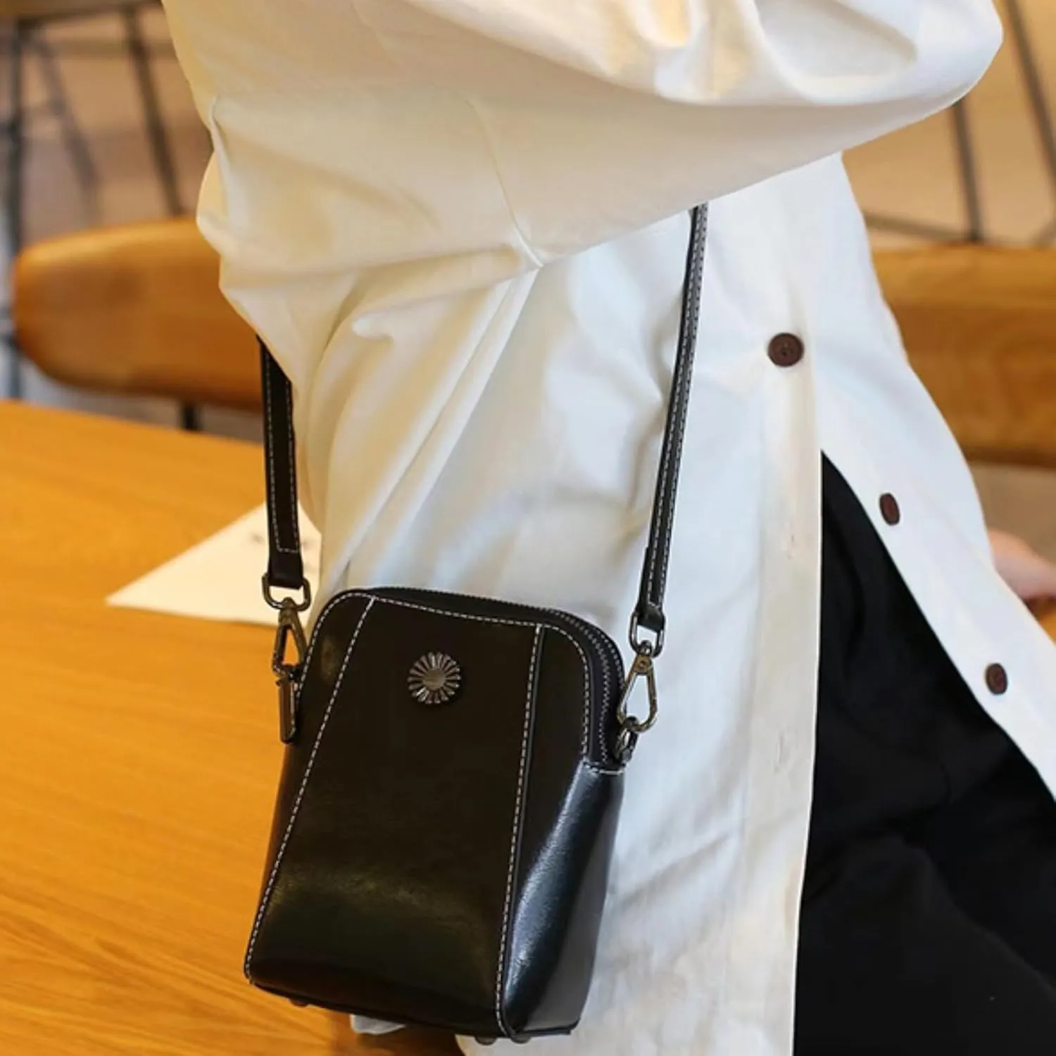 Elmyse Small Crossbody Bag Leather, Genuine Leather Purses for Women, Retro All-Match Vertical Cellphone Bag