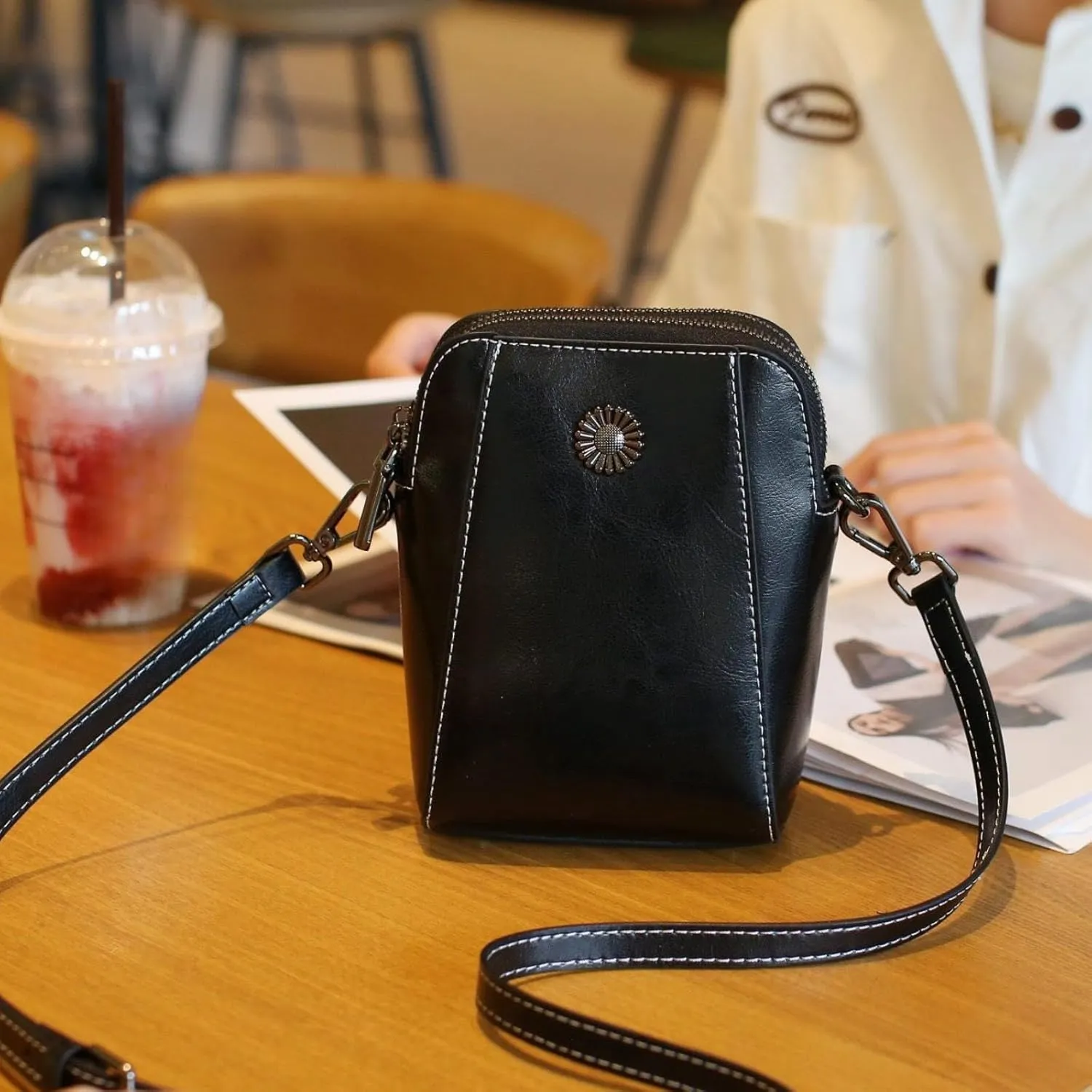 Elmyse Small Crossbody Bag Leather, Genuine Leather Purses for Women, Retro All-Match Vertical Cellphone Bag