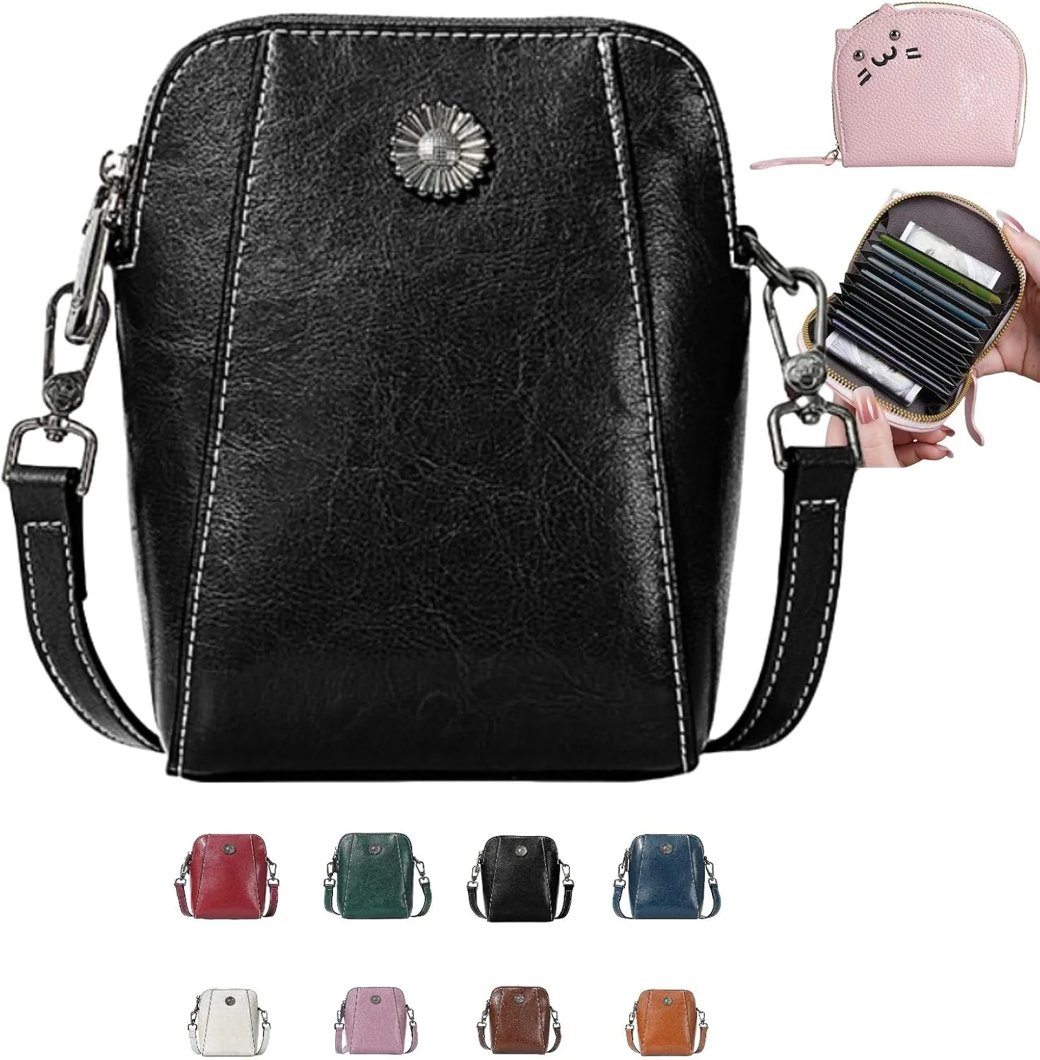 Elmyse Small Crossbody Bag Leather, Genuine Leather Purses for Women, Retro All-Match Vertical Cellphone Bag