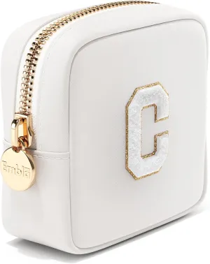 Embla Preppy Makeup Bag Travel Cosmetic Pouch, Cute Make up Case with Personalized Initial, Girls Zipper Pouch Purse Cosmetics Organizer Tote, Waterproof Travel Skincare Makeup Bag, White (Letter C)