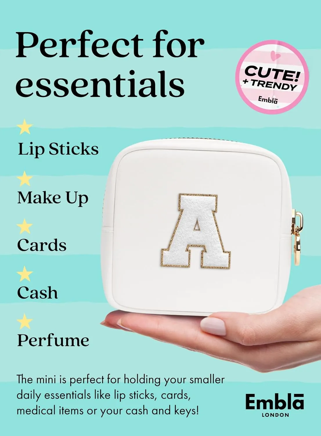 Embla Preppy Makeup Bag Travel Cosmetic Pouch, Cute Make up Case with Personalized Initial, Girls Zipper Pouch Purse Cosmetics Organizer Tote, Waterproof Travel Skincare Makeup Bag, White (Letter C)