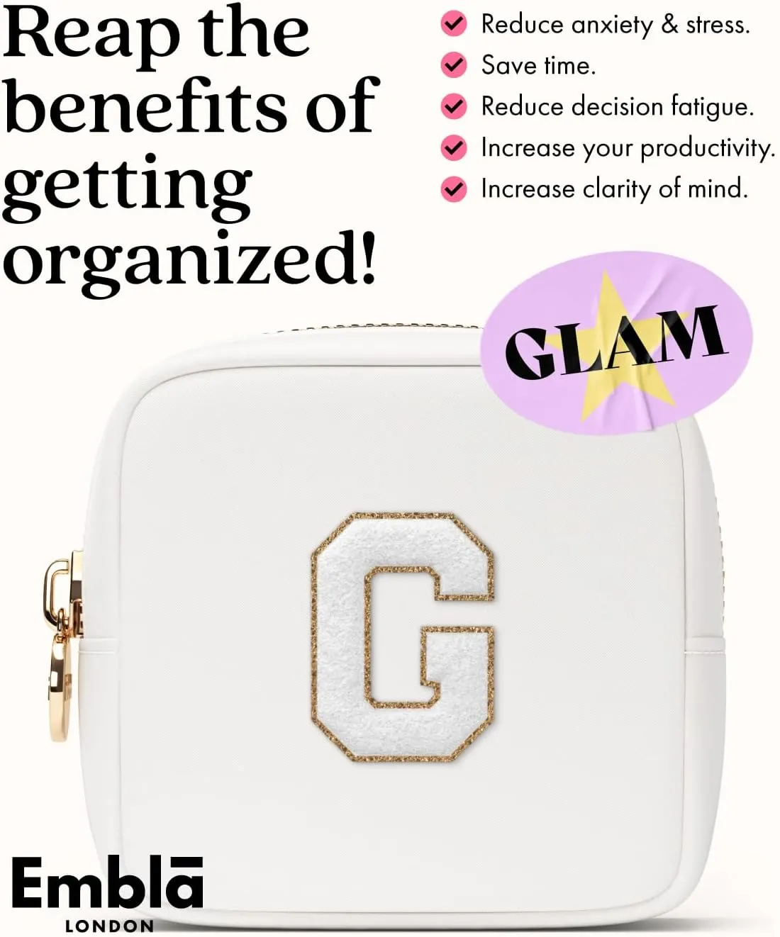 Embla Preppy Makeup Bag Travel Cosmetic Pouch, Cute Make up Case with Personalized Initial, Girls Zipper Pouch Purse Cosmetics Organizer Tote, Waterproof Travel Skincare Makeup Bag, White (Letter C)