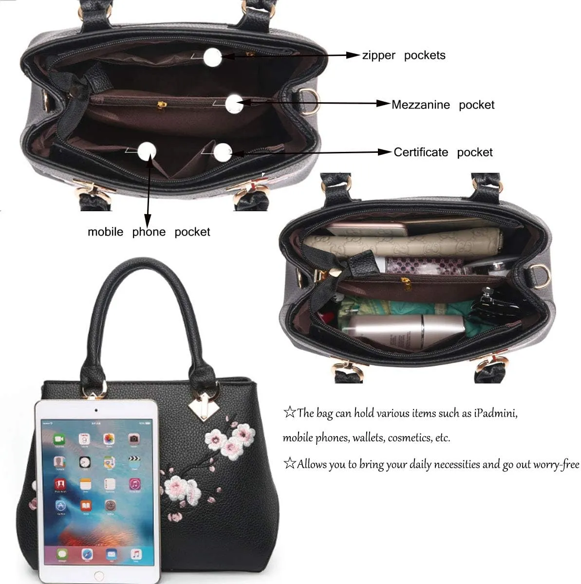 Embroidery Women Top Handle Satchel Handbags Shoulder Bag Tote Purse Messenger Bags Crossbody Bag Pink