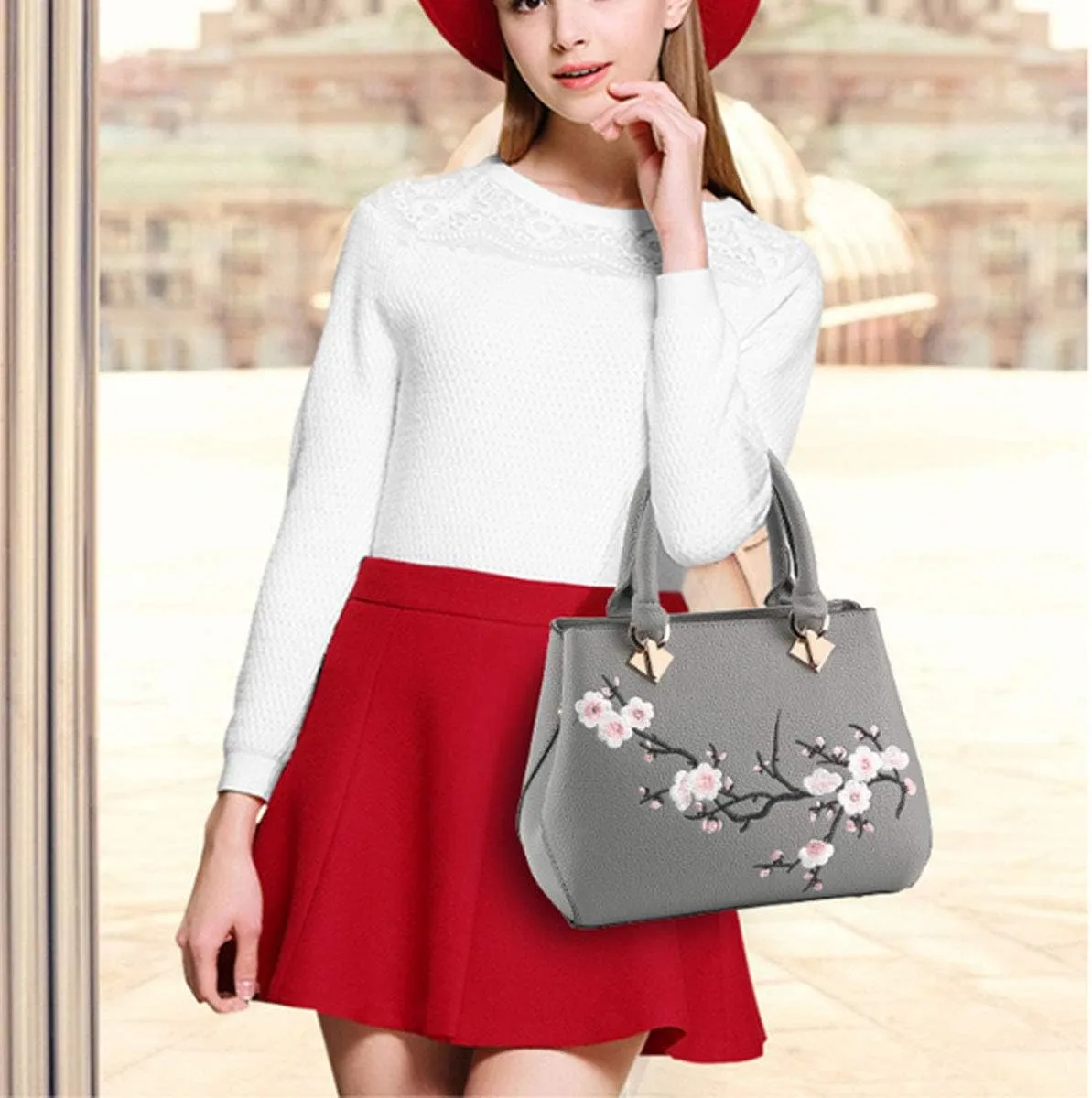 Embroidery Women Top Handle Satchel Handbags Shoulder Bag Tote Purse Messenger Bags Crossbody Bag Pink