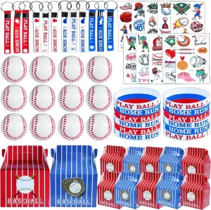 Empire Party Supply 60 Pcs Baseball Party Favors for Kids - 12 Set Mini Soft Baseball, Tattoos, Treat Box, Keychains and Baseball Wristbands for Boys Classroom Rewards