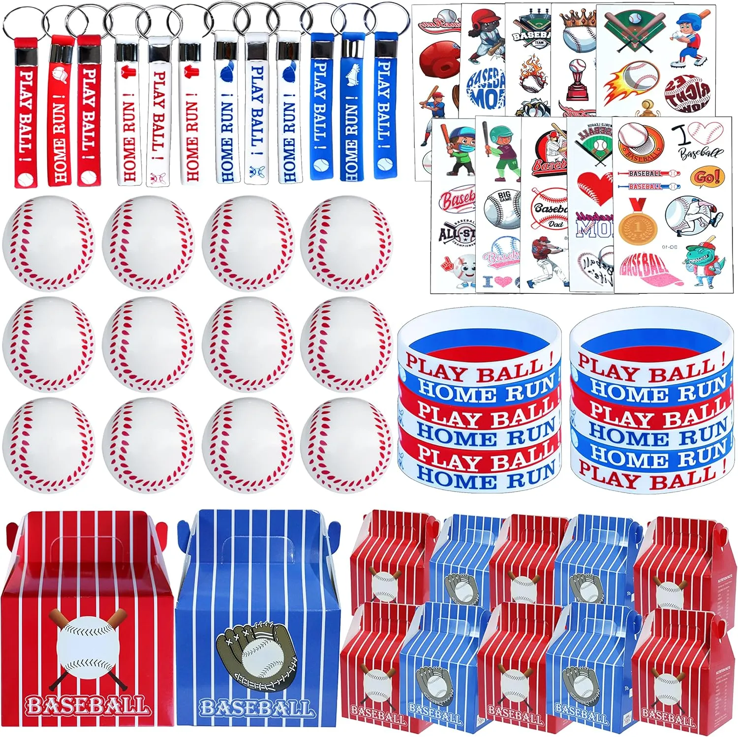 Empire Party Supply 60 Pcs Baseball Party Favors for Kids - 12 Set Mini Soft Baseball, Tattoos, Treat Box, Keychains and Baseball Wristbands for Boys Classroom Rewards