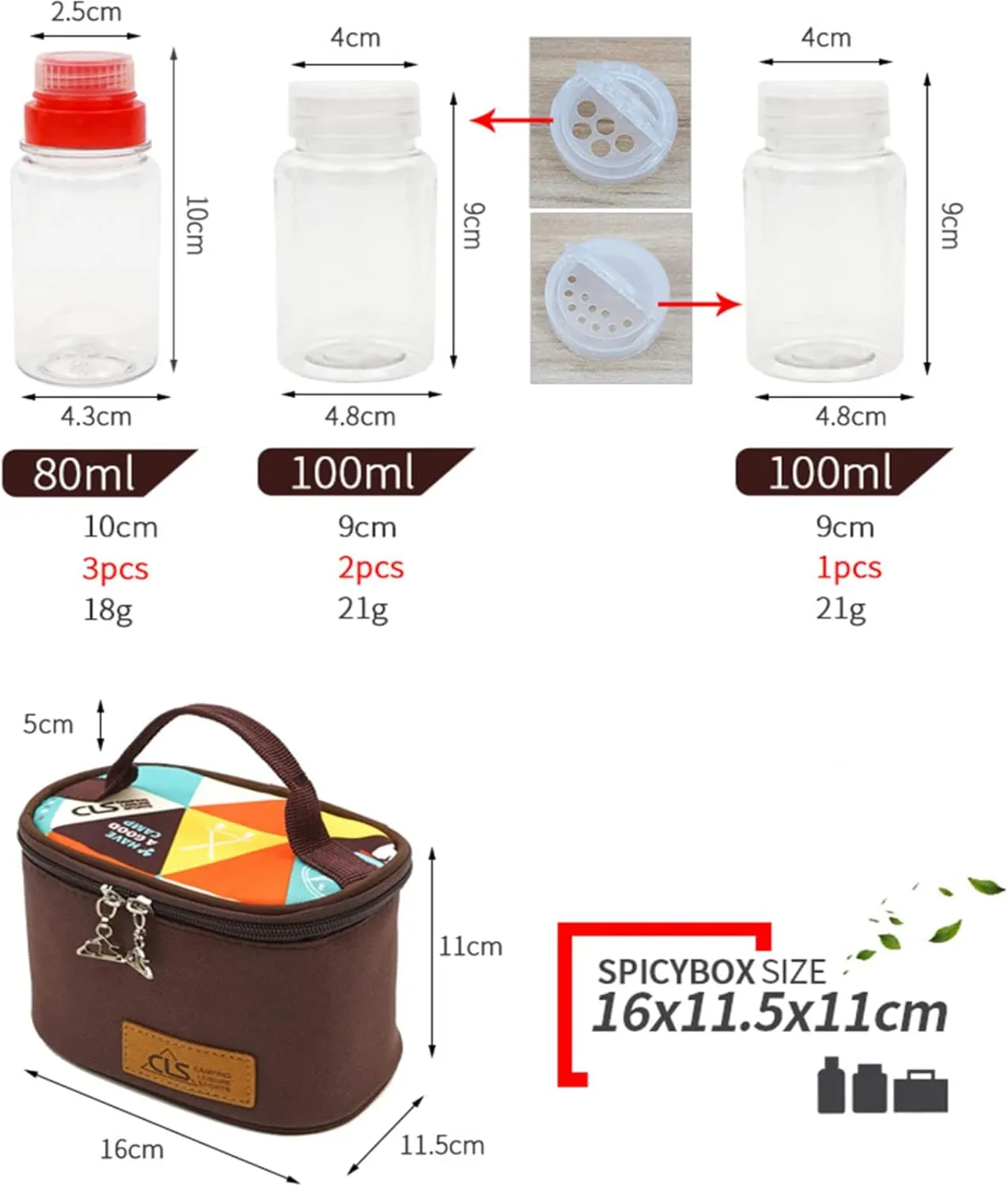 Empty Camping Spice Kit, Safe Plastic - PET, 3 Pcs 2.7 oz Liquid Spice Bottles and 3 Pcs 3.3 oz Mini Spice Jars with Travel Bag Complete Set, Suit for Oil, Soy Sauce Peppercorns, Sea Salt, #08