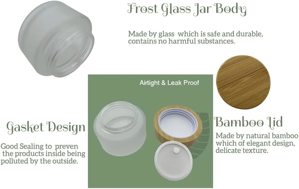Empty Refillable Frosted Glass Cosmetic Cream Jar 4 Pack 1.6 OZ/50g with Bamboo Lids,Skin Care Travel Containers Pot for Clay Masks,Butter,Body Scrub,Lip Balm, Ointments, Lotion Frost