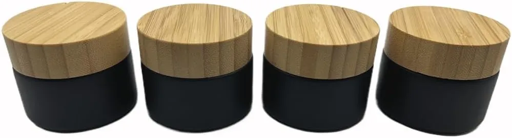 Empty Refillable Matt Black Glass Cosmetic Cream Jar 4 Pack 1.6 OZ/50g with Bamboo Lids,Skin Care Travel Frost Containers Pot for Clay Masks,Butter,Body Scrub,Lip Balm, Ointments, Lotion