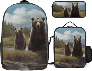 Encounter Animal Bear 3 Piece Backpack Set with Lunch Bag And Pencil Case Travel Laptop Bags Lightweight Causal Daypack for Women Men