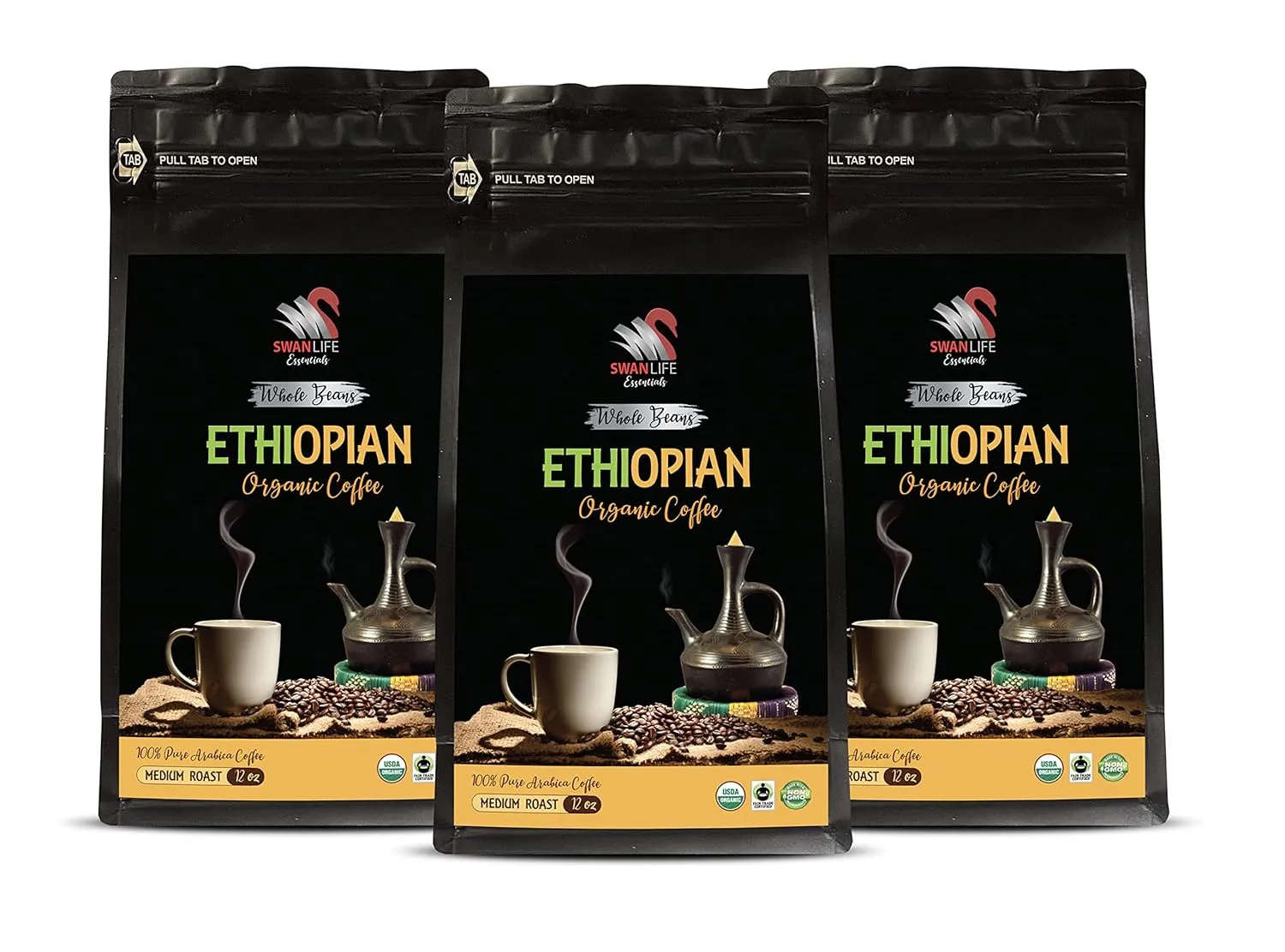 energy coffee bulk - ETHIOPIAN COFFEE ORGANIC WHOLE BEANS, arabica, medium roast, high acidity - coffee beans from africa, 3 Bags (36 oz)