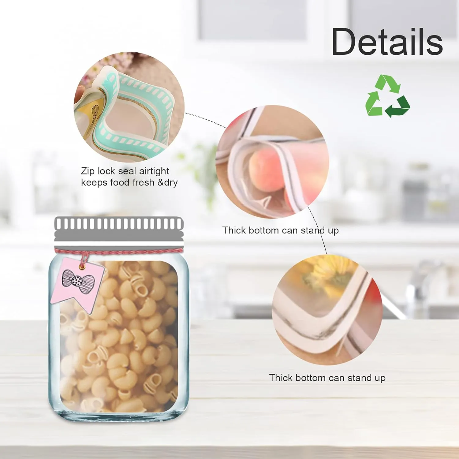 Enkrio 20 Pcs Mason Jar Zipper Bags Portable Food Saver Reusable Snack Sandwich Storage Bags for Kitchen Camping Picnic Travel