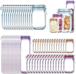 Enkrio 60Pcs Mason Jar Zipper Bags Reusable Snack Bags Portable Food Storage Snack Zipper Bags for Kitchen Travel Camping Picnic Organizer (15S 15M 15L 15T)