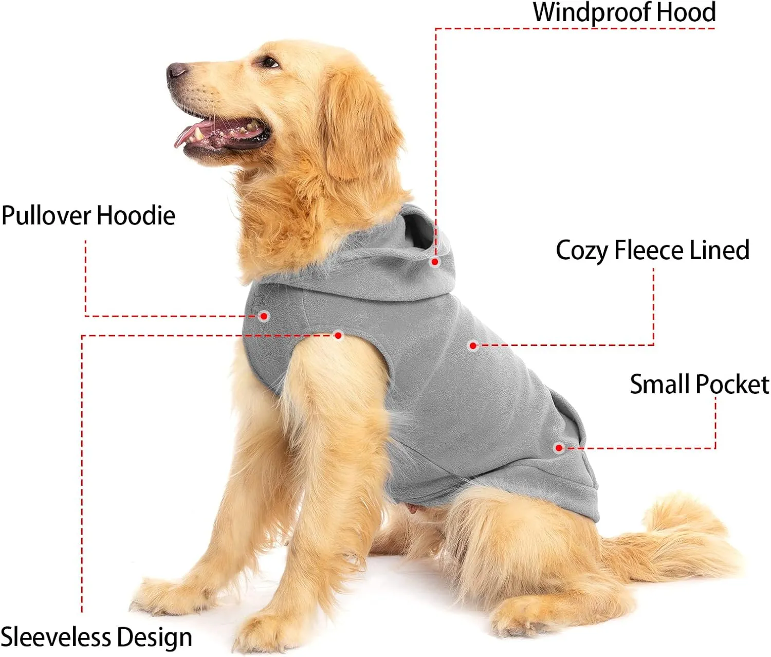 EXPAWLORER Dog Hoodie with Pocket, Polar Fleece Dog Sweatshirt Fall Cold Winter Sleeveless Sweater with Hood, Warm Cozy Pet Clothes for Small to Large Dogs Boys and Girls (Grey, XL)