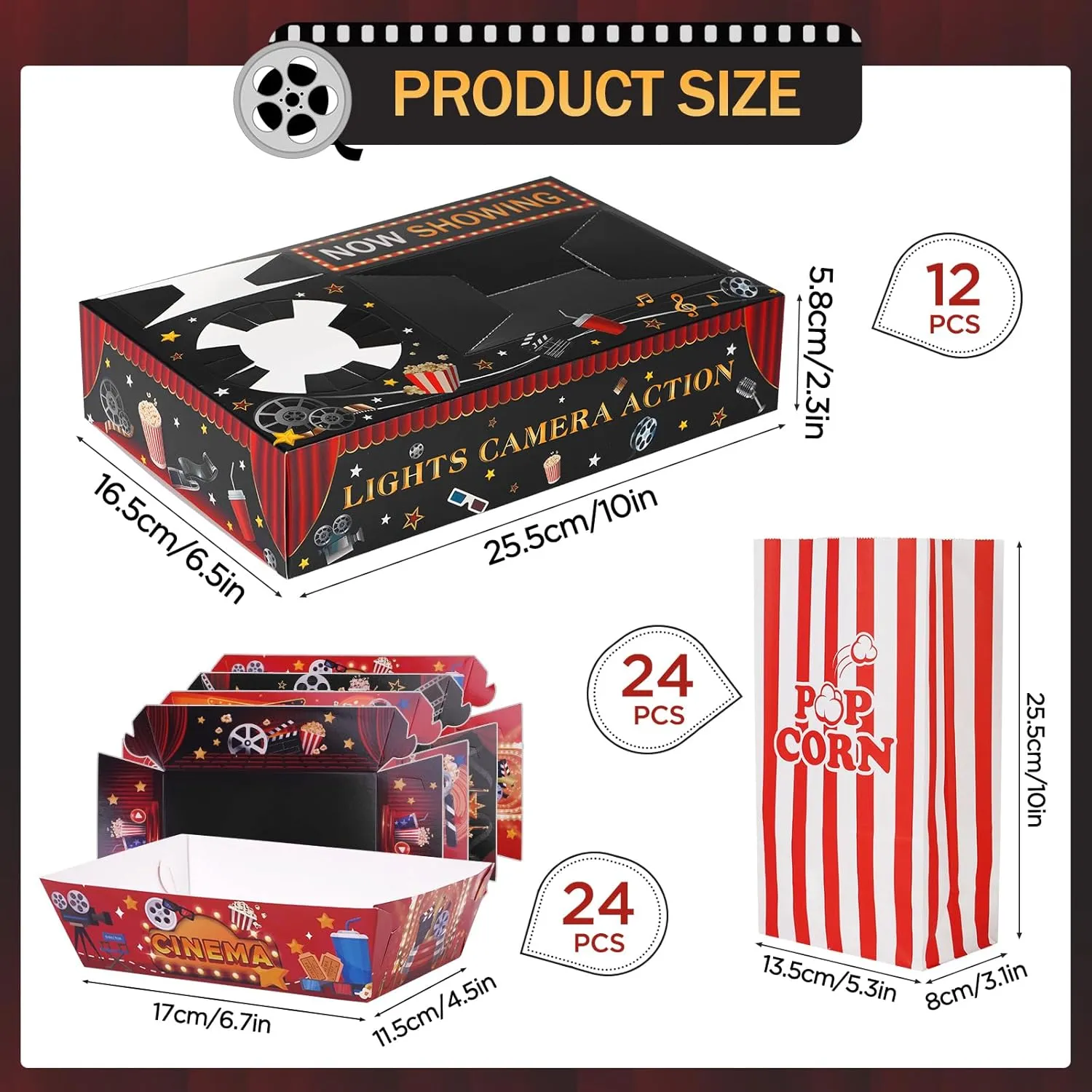 FACULX 60pcs Movie Night Supplies,24pcs mini Popcorn Bags,24pcs Paper Food Trays and 12pcs Movie Night Snack Trays,for Movie Theater, Home, Carnival Party, Decorations
