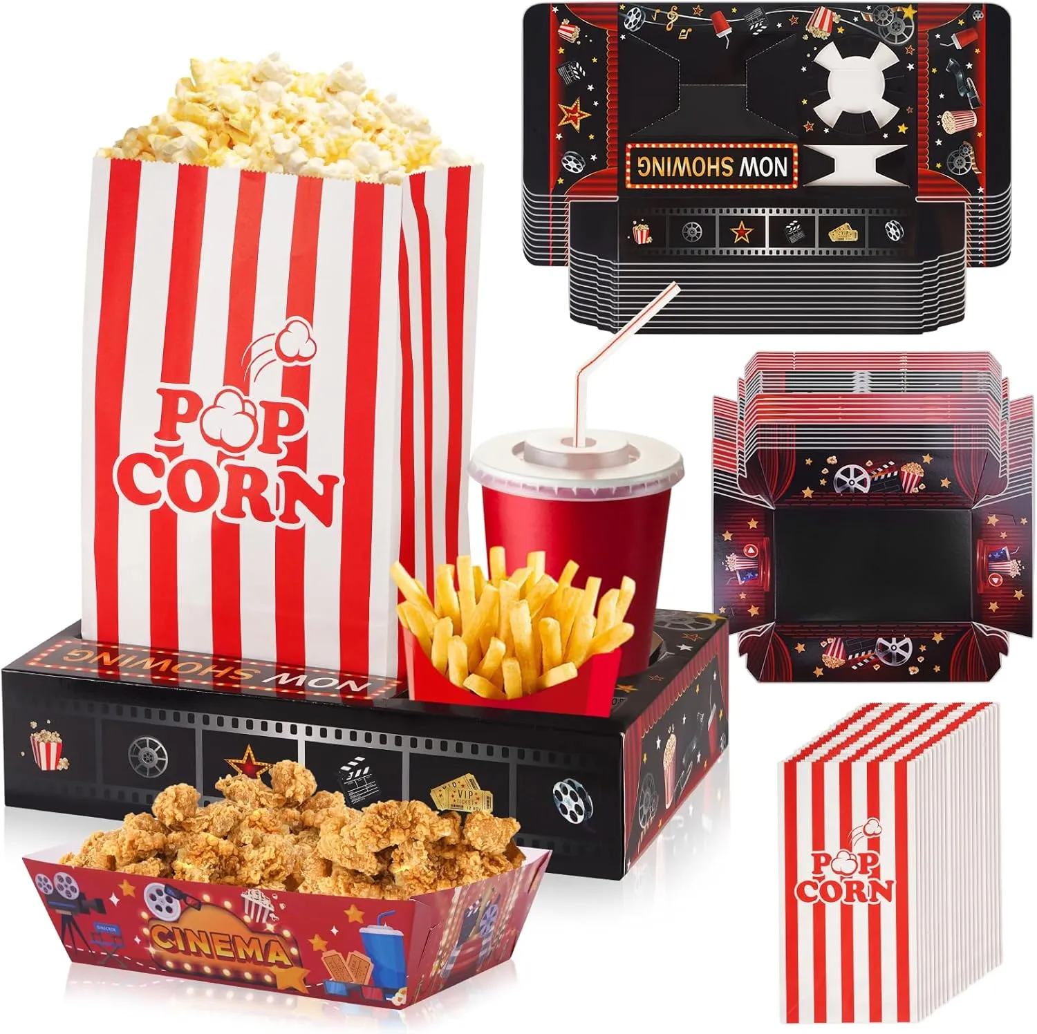 FACULX 60pcs Movie Night Supplies,24pcs mini Popcorn Bags,24pcs Paper Food Trays and 12pcs Movie Night Snack Trays,for Movie Theater, Home, Carnival Party, Decorations
