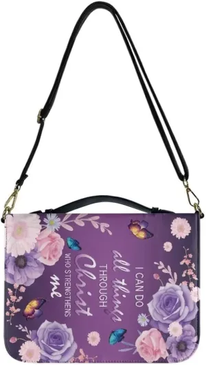 Faithful Hers Bible Covers for Women,Rose Butterflies Print Bible Cover with Shoulder Handle,Bible Carrying Case for Woman,Lady Bible Bag,Christmas Gift for Mother,Purple
