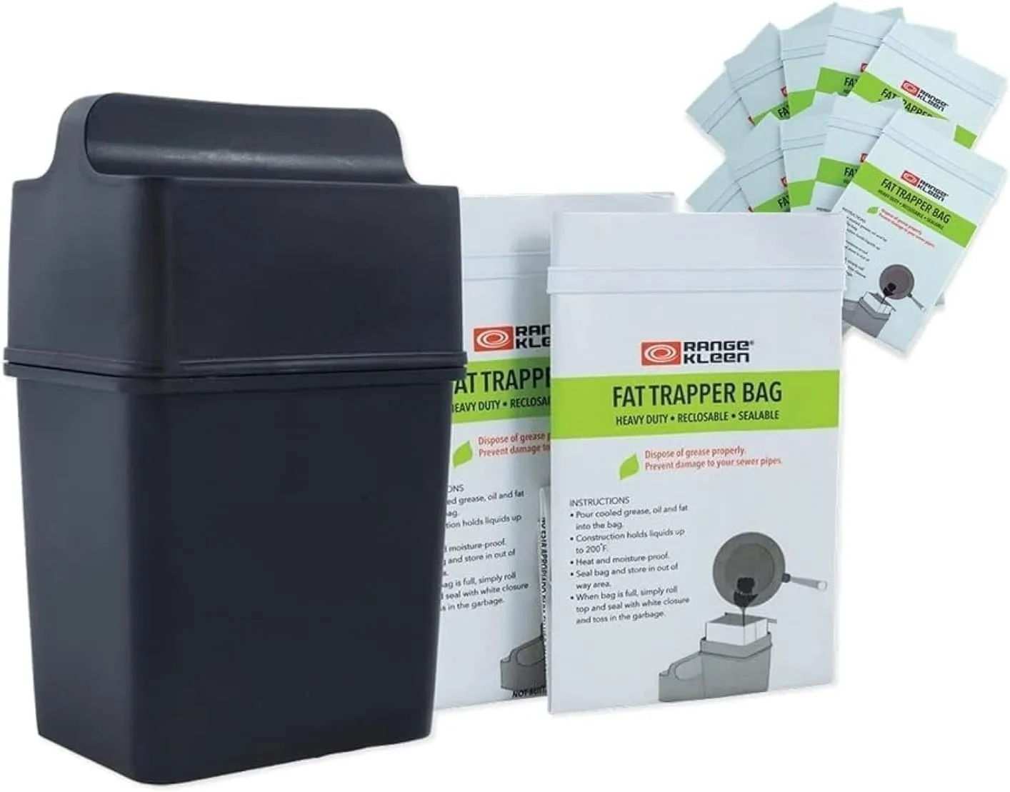 Fat Trapper System/Grease Storage Container with TWELVE Disposable Grease Bags for Bacon Grease and Kitchen Cooking Oil Disposal