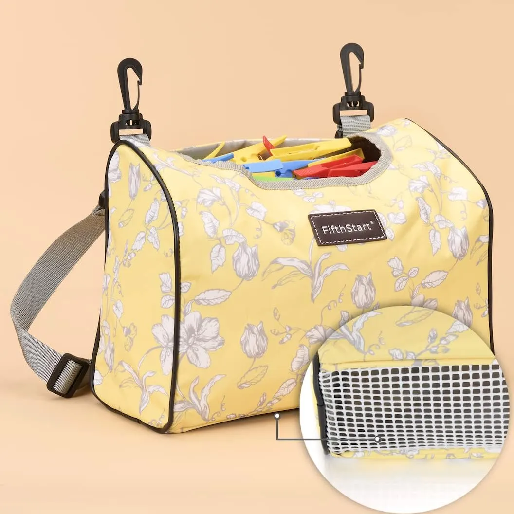 FifthStart Wearable Clothespin Bag with Shoulder & Waist Strap - Holds 300 Clothespins (Yellow Floral, Open Top)