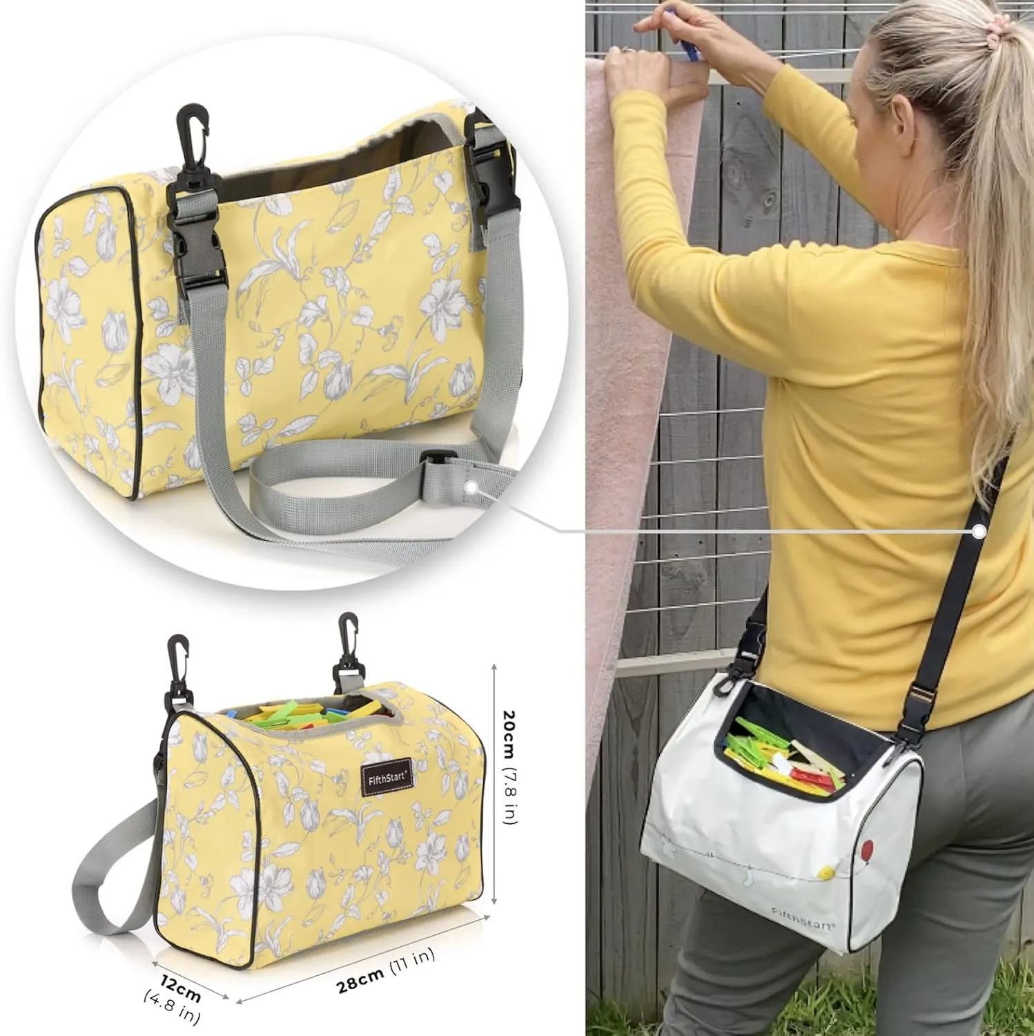 FifthStart Wearable Clothespin Bag with Shoulder & Waist Strap - Holds 300 Clothespins (Yellow Floral, Open Top)