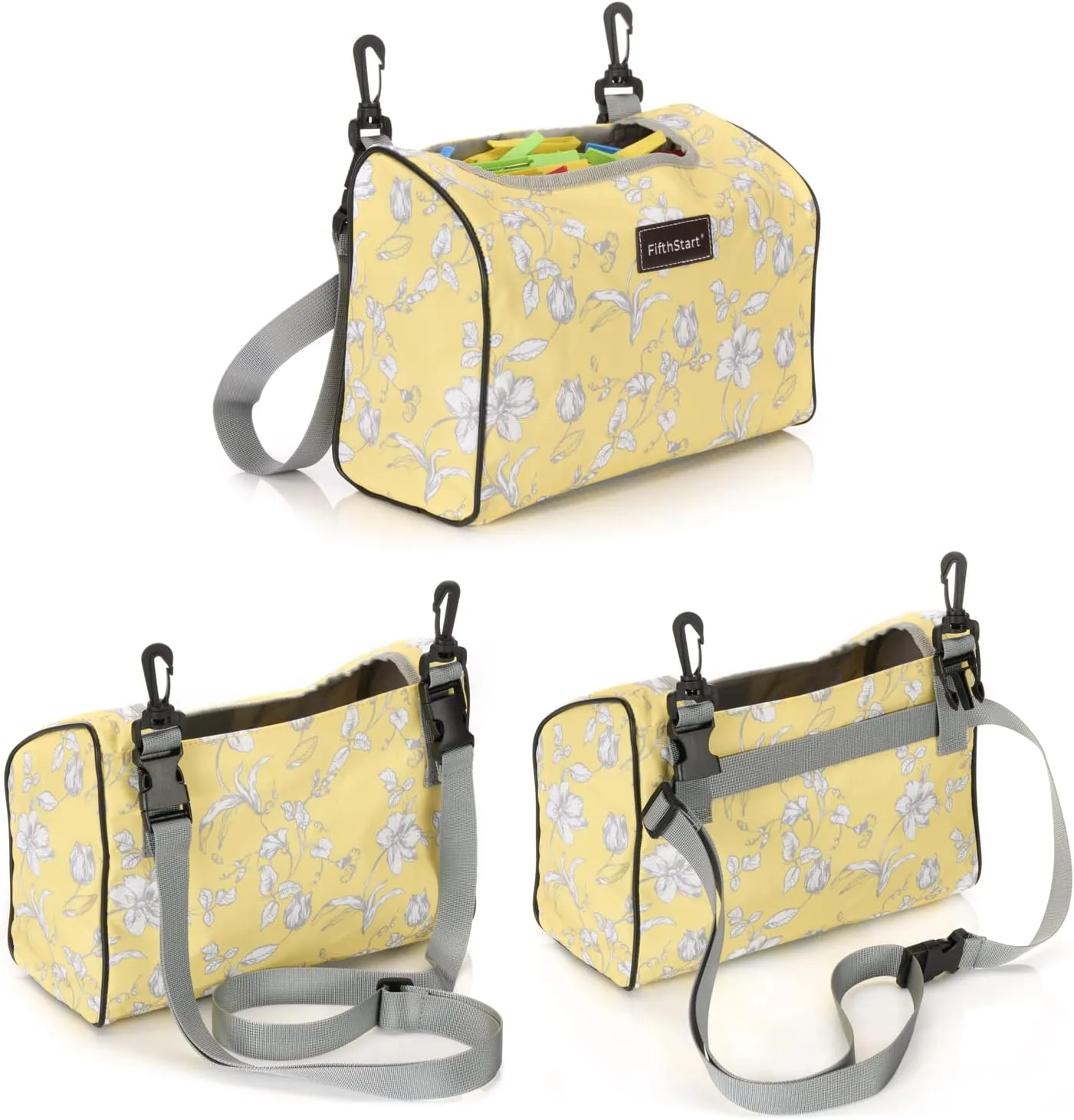 FifthStart Wearable Clothespin Bag with Shoulder & Waist Strap - Holds 300 Clothespins (Yellow Floral, Open Top)