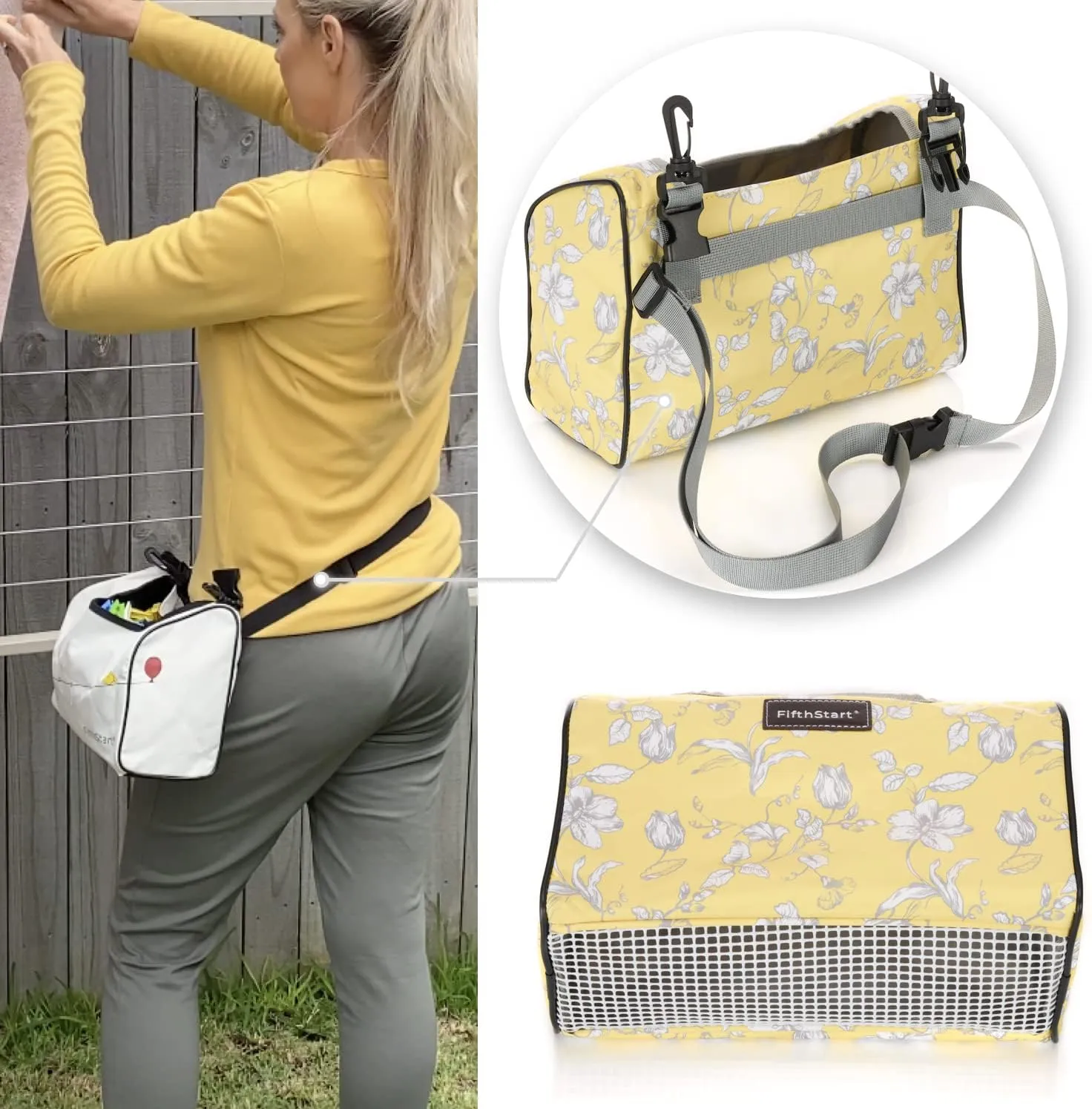 FifthStart Wearable Clothespin Bag with Shoulder & Waist Strap - Holds 300 Clothespins (Yellow Floral, Open Top)