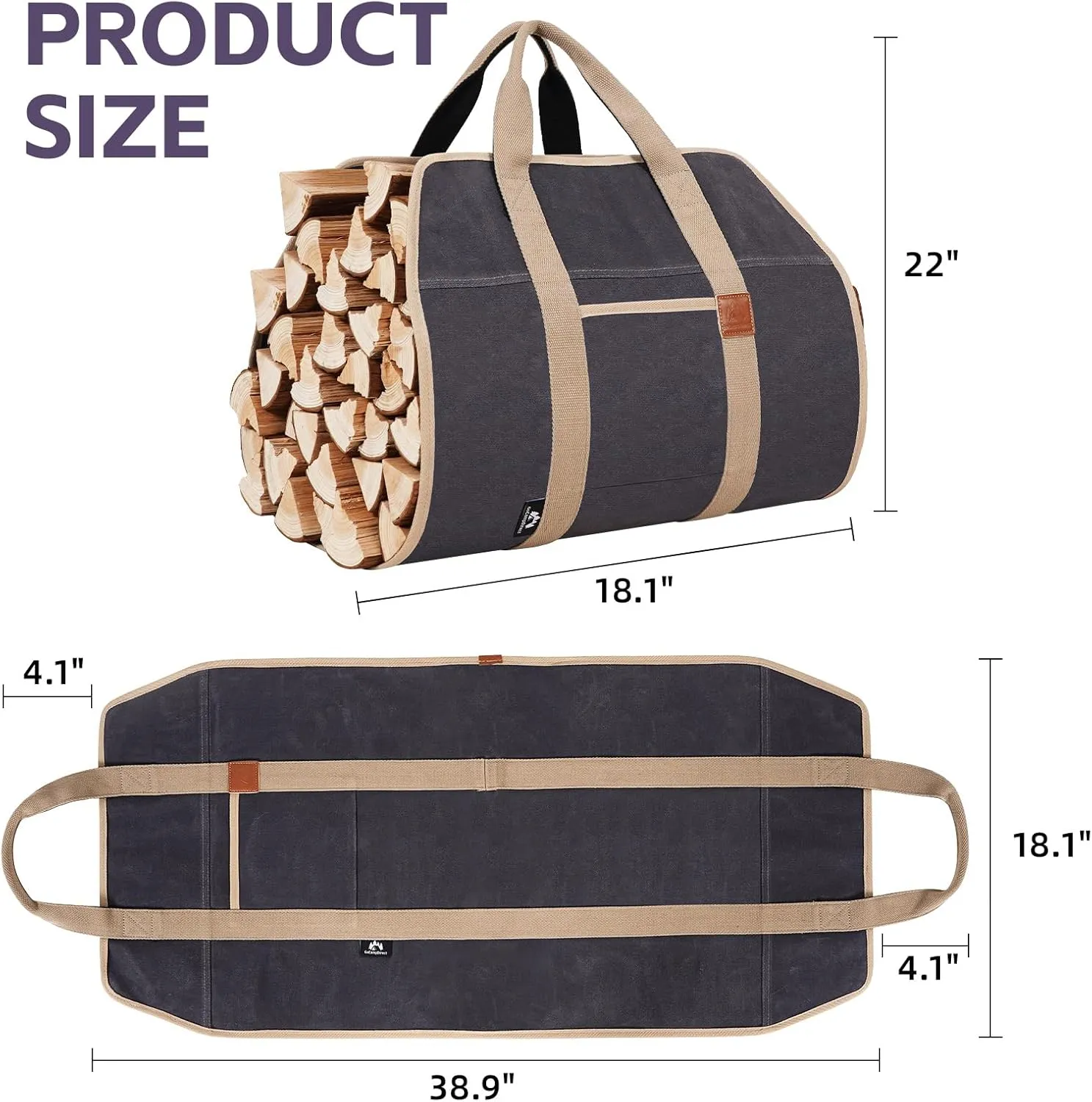 Firewood Carriers with Handles - 39×18Inch Log Carrier | Package Waxed Canvas Firewood Bag Carrier | Water Resistant Firewood Tote Wood Carrying Bag for Camping Indoor - Grey
