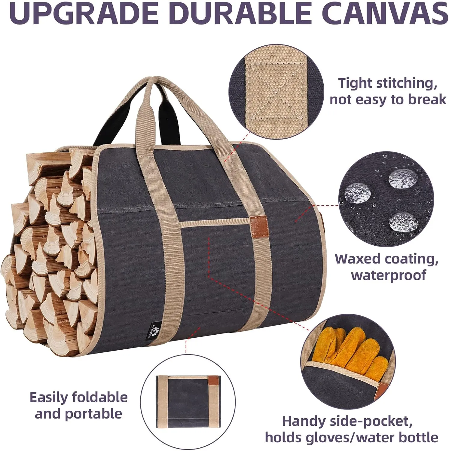 Firewood Carriers with Handles - 39×18Inch Log Carrier | Package Waxed Canvas Firewood Bag Carrier | Water Resistant Firewood Tote Wood Carrying Bag for Camping Indoor - Grey