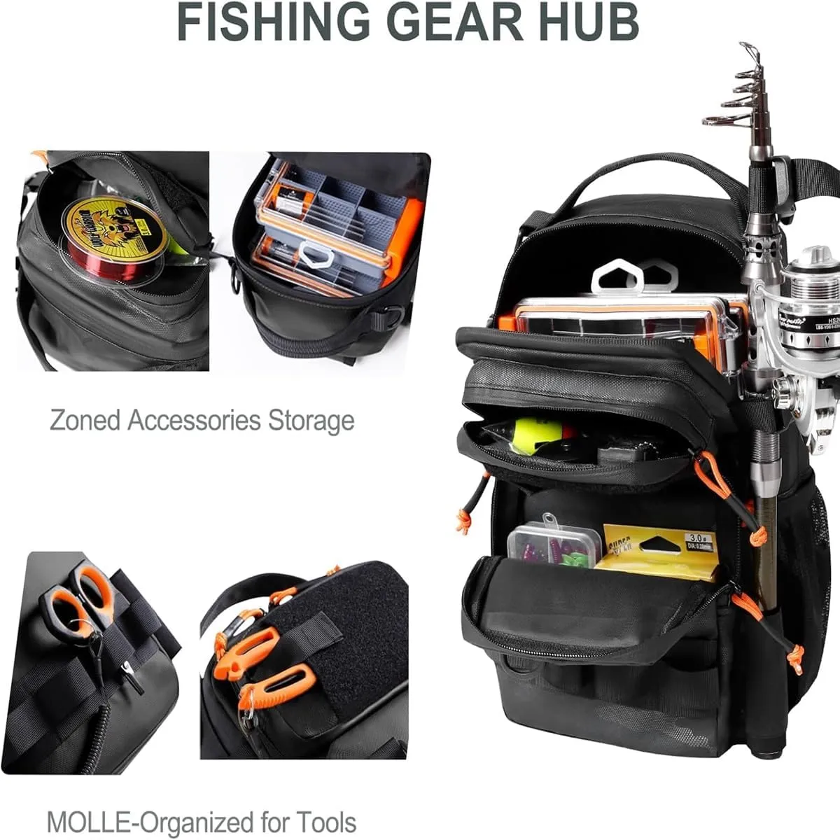 Fishing Backpack Tackle Storage Bag with Rod Holder,Lightweight Outdoor Water-Resistant Fish Shoulder Storage Bag